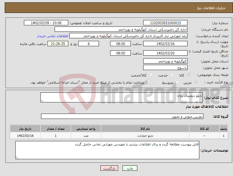 تصویر کوچک آگهی نیاز انتخاب تامین کننده-تابلو دیجیتال روان