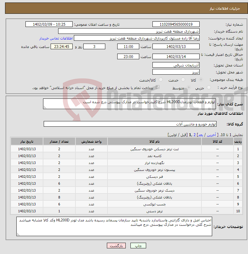 تصویر کوچک آگهی نیاز انتخاب تامین کننده-لوازم و قطعات لودرمدلHL200D شرح کلیدرخواست در مدارک پیوستی درج شده است