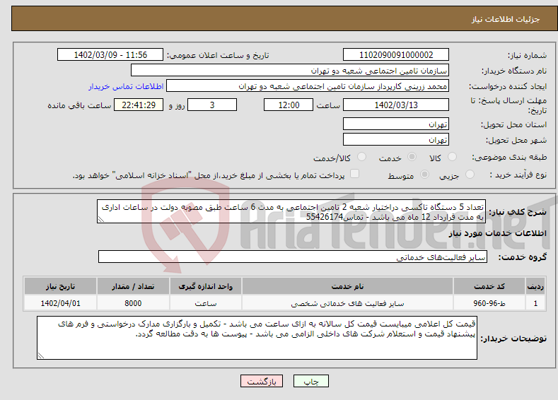 تصویر کوچک آگهی نیاز انتخاب تامین کننده-تعداد 5 دستگاه تاکسی دراختیار شعبه 2 تامین اجتماعی به مدت 6 ساعت طبق مصوبه دولت در ساعات اداری به مدت قرارداد 12 ماه می باشد - تماس55426174