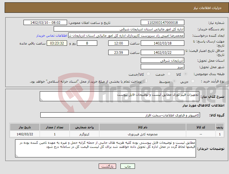 تصویر کوچک آگهی نیاز انتخاب تامین کننده-تجهیزات فیبر نوری مطابق لیست و توضیحات فایل پیوست