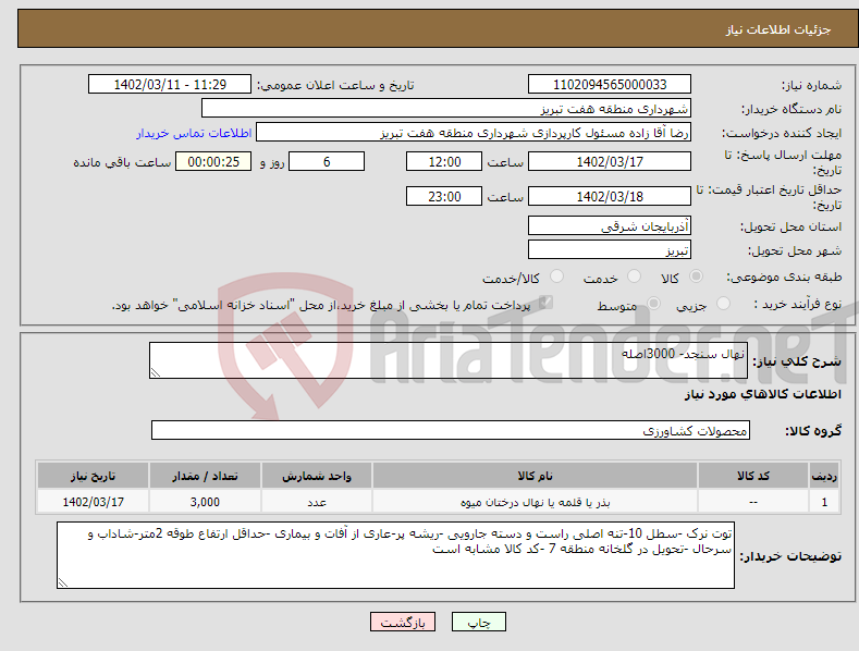 تصویر کوچک آگهی نیاز انتخاب تامین کننده-نهال سنجد- 3000اصله