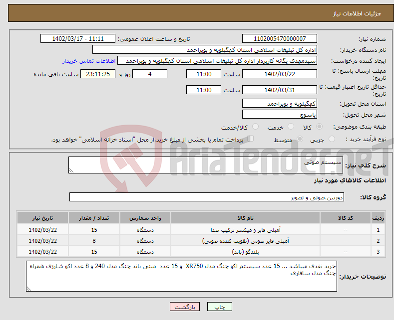 تصویر کوچک آگهی نیاز انتخاب تامین کننده-سیستم صوتی