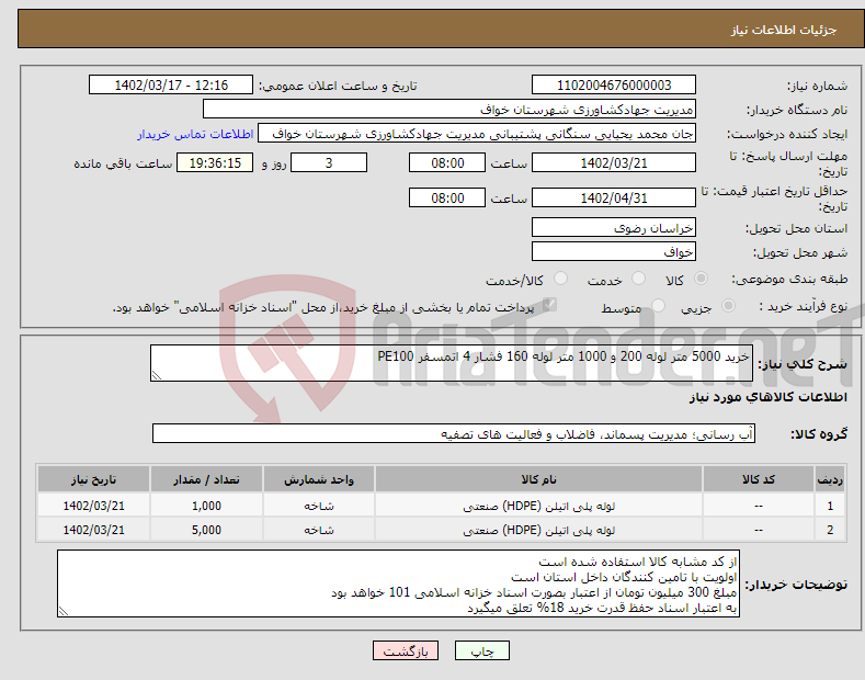 تصویر کوچک آگهی نیاز انتخاب تامین کننده-خرید 5000 متر لوله 200 و 1000 متر لوله 160 فشار 4 اتمسفر PE100