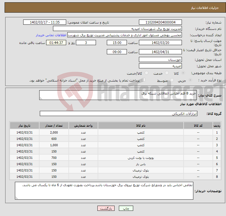 تصویر کوچک آگهی نیاز انتخاب تامین کننده-خرید 8 قلم اجناس اتفاقاتی شبکه برق