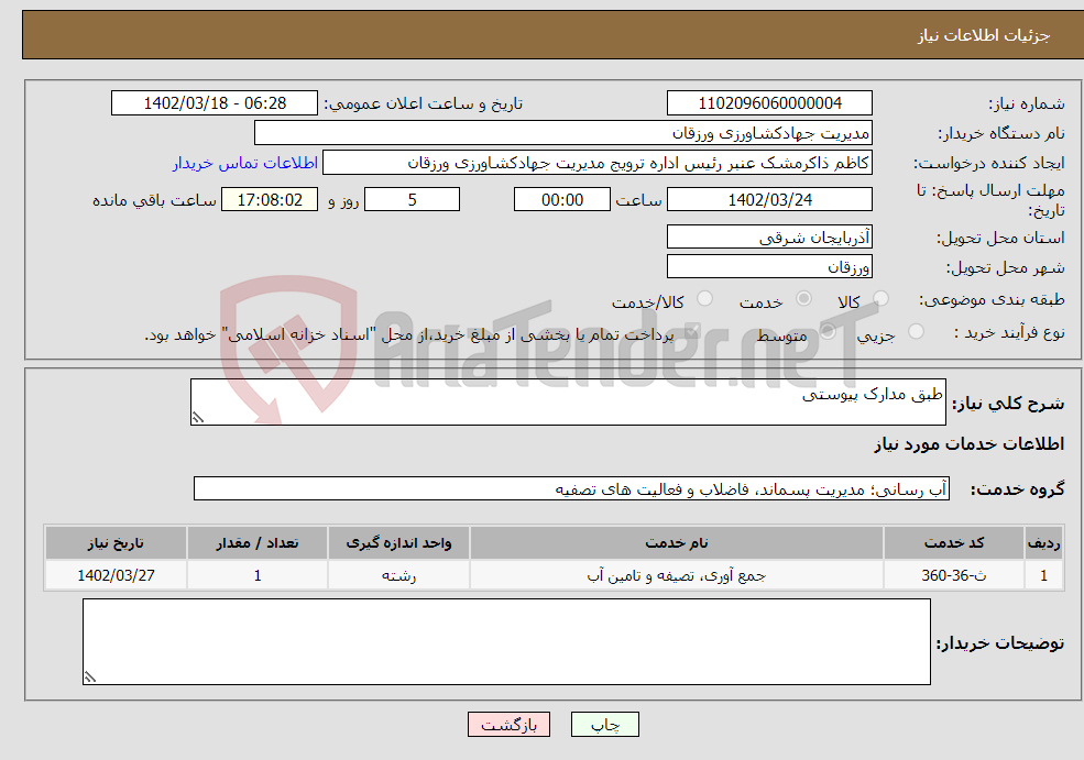 تصویر کوچک آگهی نیاز انتخاب تامین کننده-طبق مدارک پیوستی