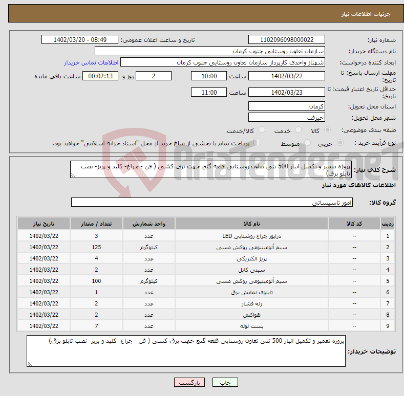 تصویر کوچک آگهی نیاز انتخاب تامین کننده-پروژه تعمیر و تکمیل انبار 500 تنی تعاون روستایی قلعه گنج جهت برق کشی ( فن - چراغ- کلید و پریز- نصب تابلو برق)