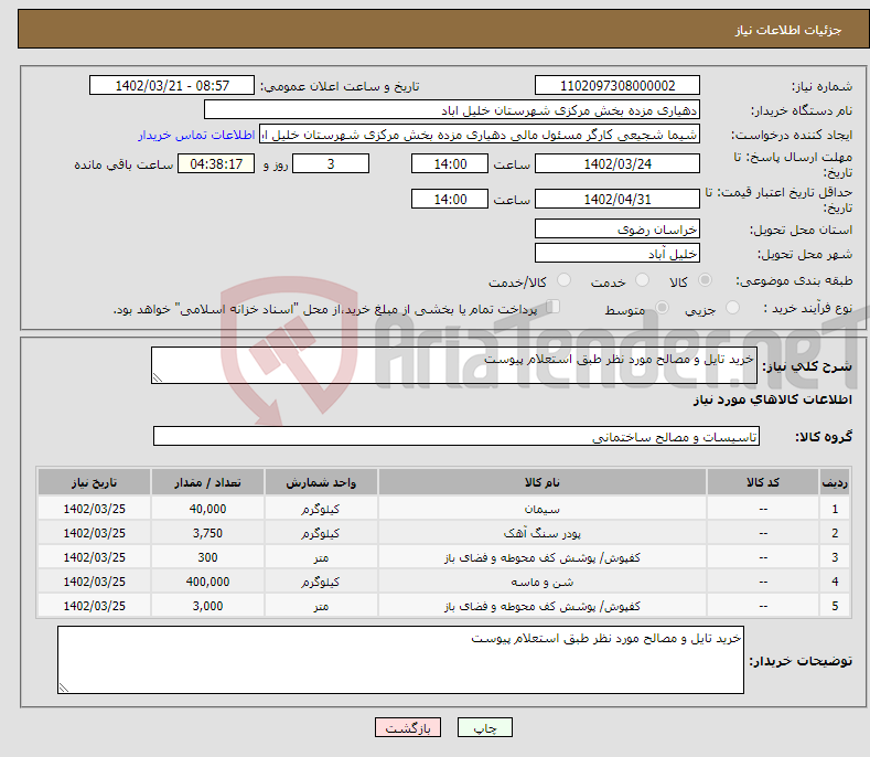 تصویر کوچک آگهی نیاز انتخاب تامین کننده-خرید تایل و مصالح مورد نظر طبق استعلام پیوست