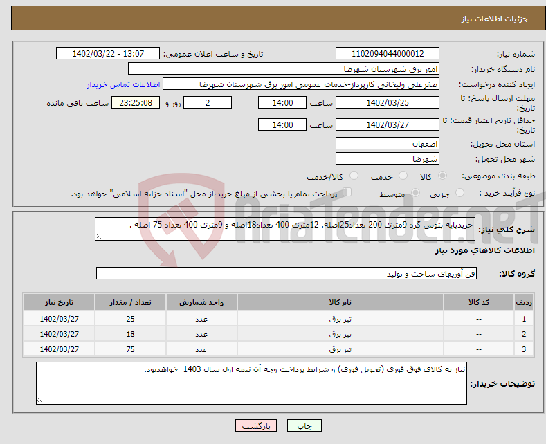 تصویر کوچک آگهی نیاز انتخاب تامین کننده-خریدپایه بتونی گرد 9متری 200 تعداد25اصله. 12متری 400 تعداد18اصله و 9متری 400 تعداد 75 اصله .