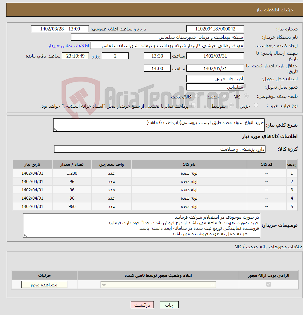 تصویر کوچک آگهی نیاز انتخاب تامین کننده-خرید انواع سوند معده طبق لیست پیوستی(باپرداخت 6 ماهه)