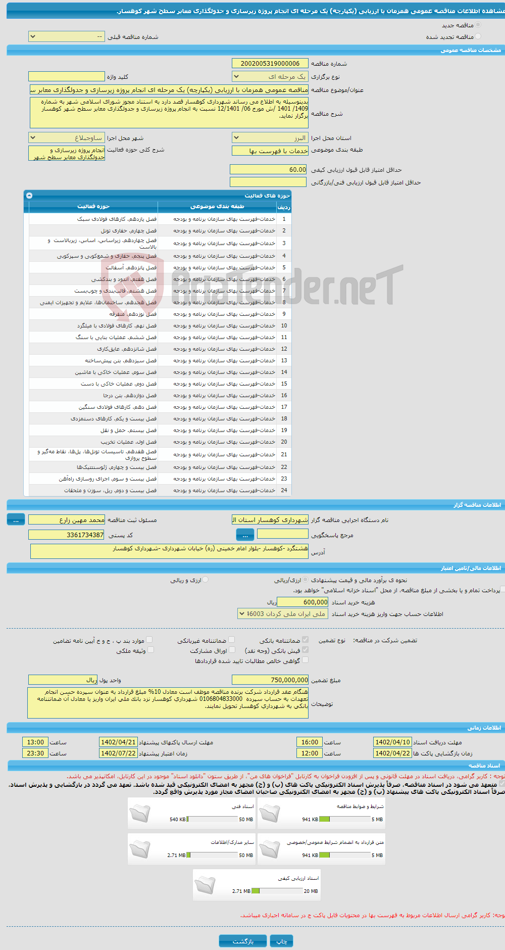 تصویر کوچک آگهی مناقصه عمومی همزمان با ارزیابی (یکپارچه) یک مرحله ای انجام پروژه زیرسازی و جدولگذاری معابر سطح شهر کوهسار.