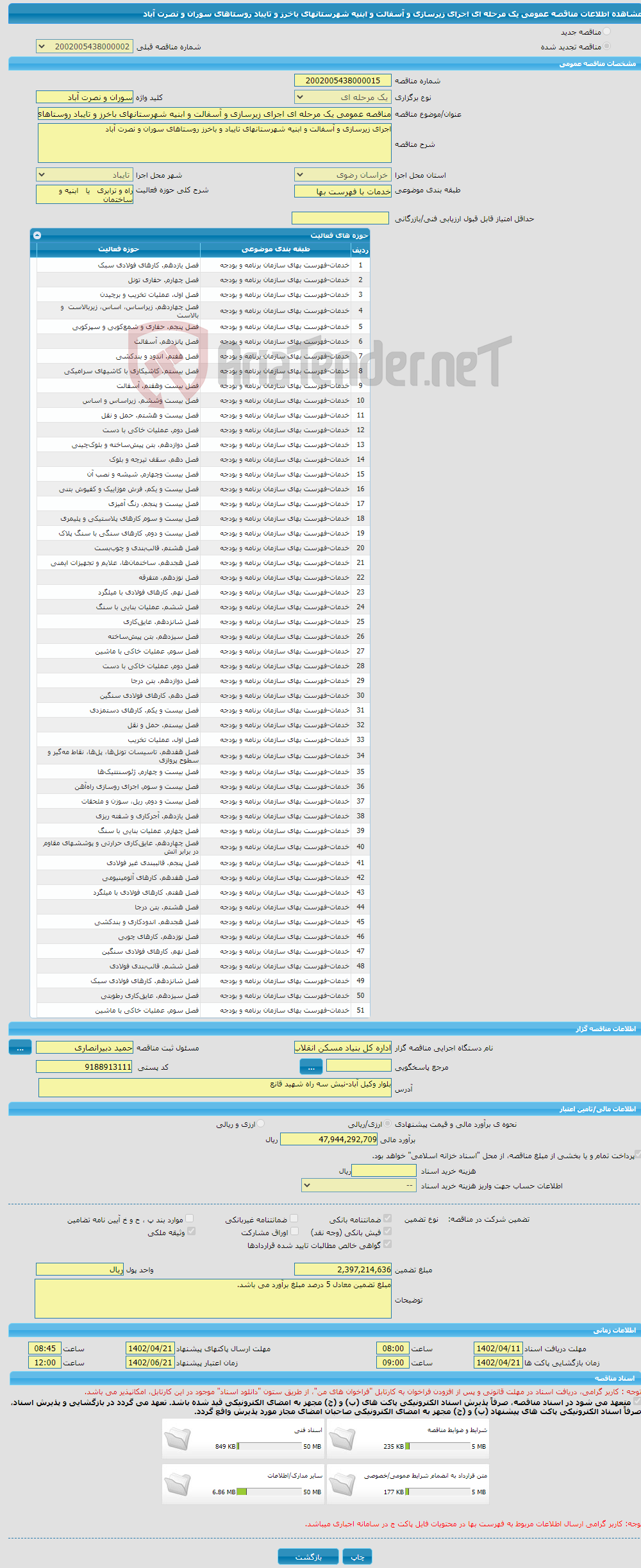 تصویر کوچک آگهی مناقصه عمومی یک مرحله ای اجرای زیرسازی و آسفالت و ابنیه شهرستانهای باخرز و تایباد روستاهای سوران و نصرت آباد