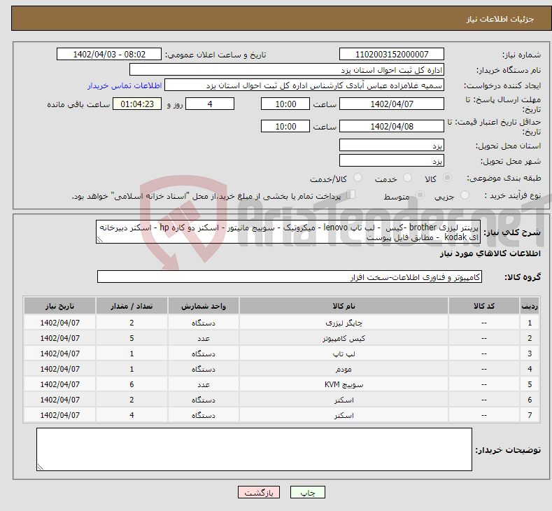 تصویر کوچک آگهی نیاز انتخاب تامین کننده-پرینتر لیزری brother -کیس - لب تاپ lenovo - میکروتیک - سوییچ مانیتور - اسکنر دو کاره hp - اسکنر دبیرخانه ای kodak - مطابق فایل پیوست