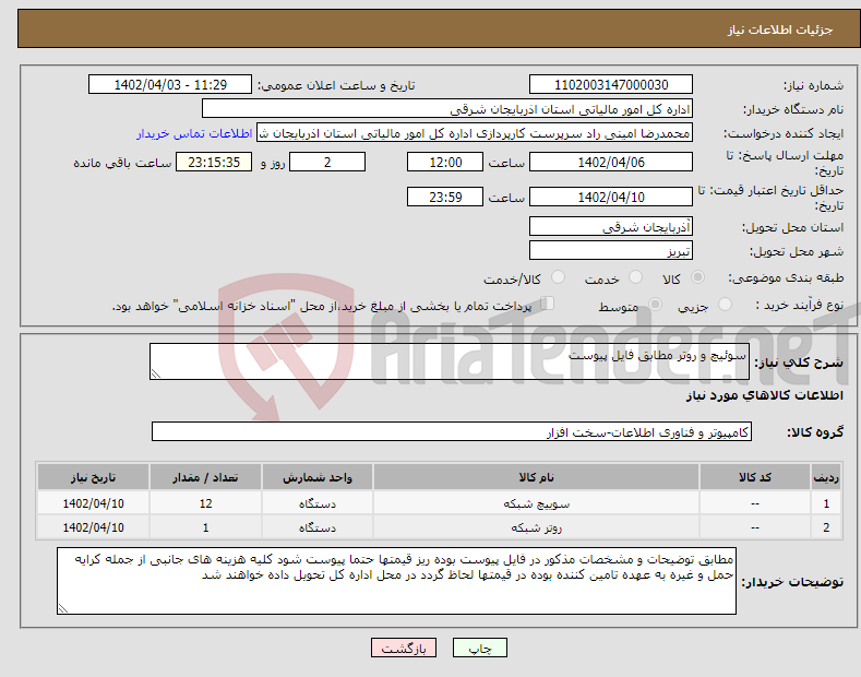 تصویر کوچک آگهی نیاز انتخاب تامین کننده-سوئیچ و روتر مطابق فایل پیوست