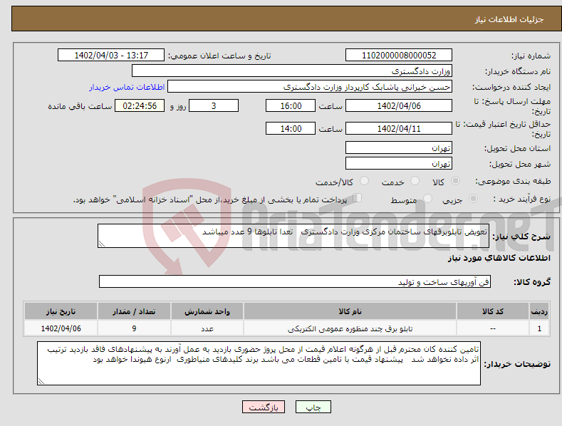 تصویر کوچک آگهی نیاز انتخاب تامین کننده-تعویض تابلوبرقهای ساختمان مرکزی وزارت دادگستری تعدا تابلوها 9 عدد میباشد