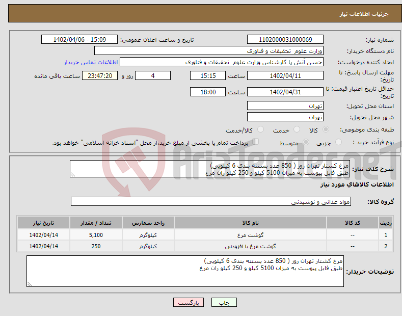 تصویر کوچک آگهی نیاز انتخاب تامین کننده-مرغ کشتار تهران روز ( 850 عدد بستنه بندی 6 کیلویی) طبق فایل پیوست به میزان 5100 کیلو و 250 کیلو ران مرغ 