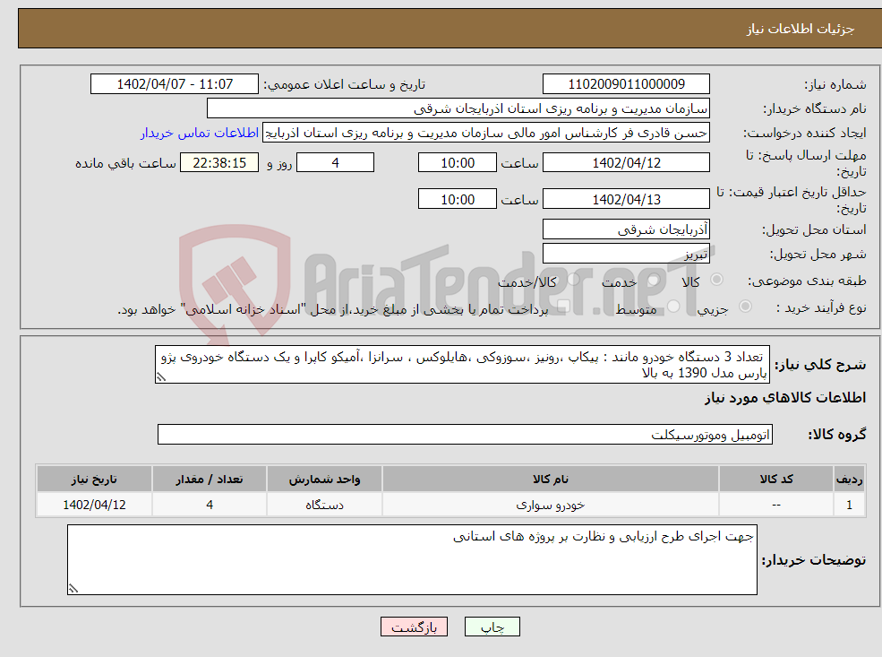 تصویر کوچک آگهی نیاز انتخاب تامین کننده- تعداد 3 دستگاه خودرو مانند : پیکاپ ،رونیز ،سوزوکی ،هایلوکس ، سرانزا ،آمیکو کاپرا و یک دستگاه خودروی پژو پارس مدل 1390 به بالا 