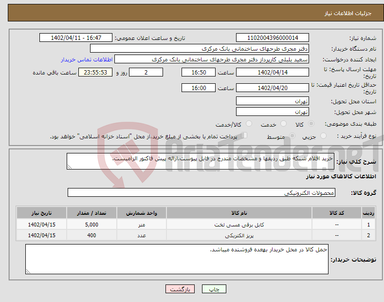 تصویر کوچک آگهی نیاز انتخاب تامین کننده-خرید اقلام شبکه طبق ردیفها و مشخصات مندرج در فایل پیوست.ارائه پیش فاکتور الزامیست.