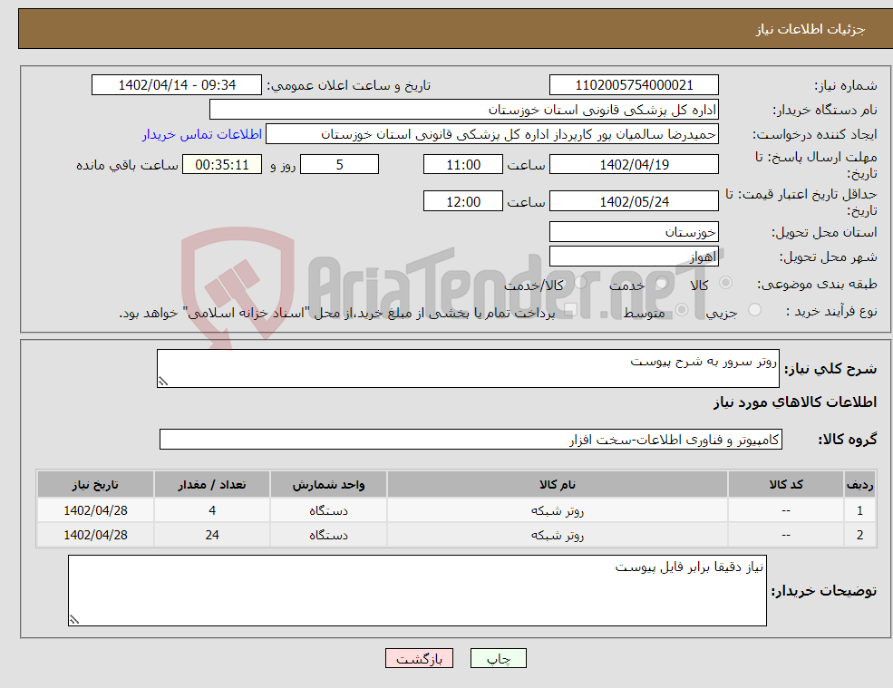 تصویر کوچک آگهی نیاز انتخاب تامین کننده-روتر سرور به شرح پیوست