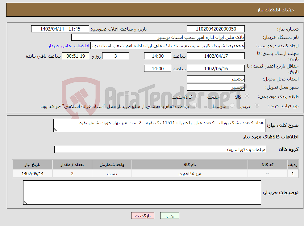 تصویر کوچک آگهی نیاز انتخاب تامین کننده-تعداد 4 عدد تشک رویال - 4 عدد مبل راحتیران 11511 تک نفره - 2 ست میز نهار خوری شش نفره 