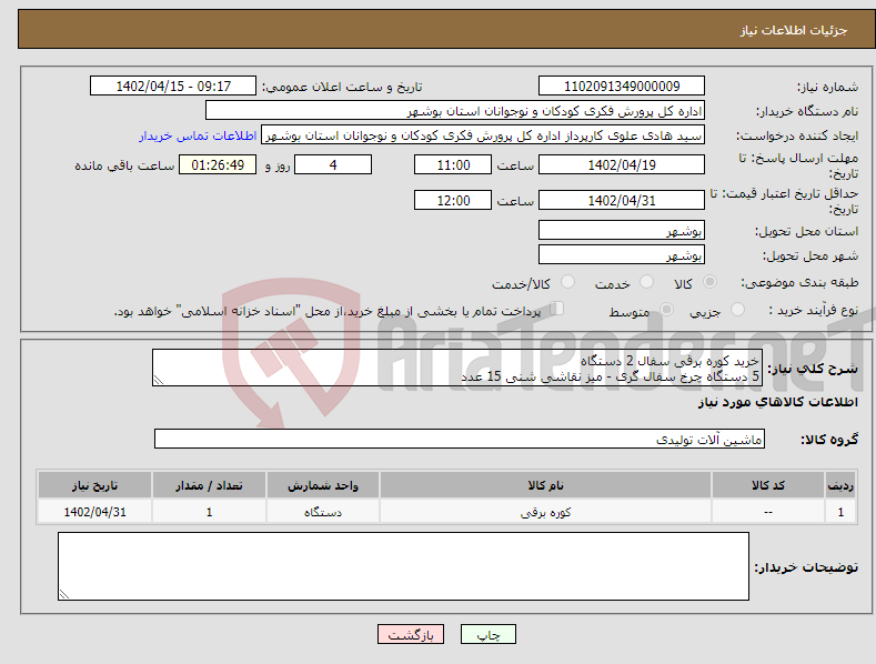 تصویر کوچک آگهی نیاز انتخاب تامین کننده-خرید کوره برقی سفال 2 دستگاه 5 دستگاه چرخ سفال گری - میز نقاشی شنی 15 عدد طبق مشخصات لیست پیوستی - قیمت کل اعلام گردد