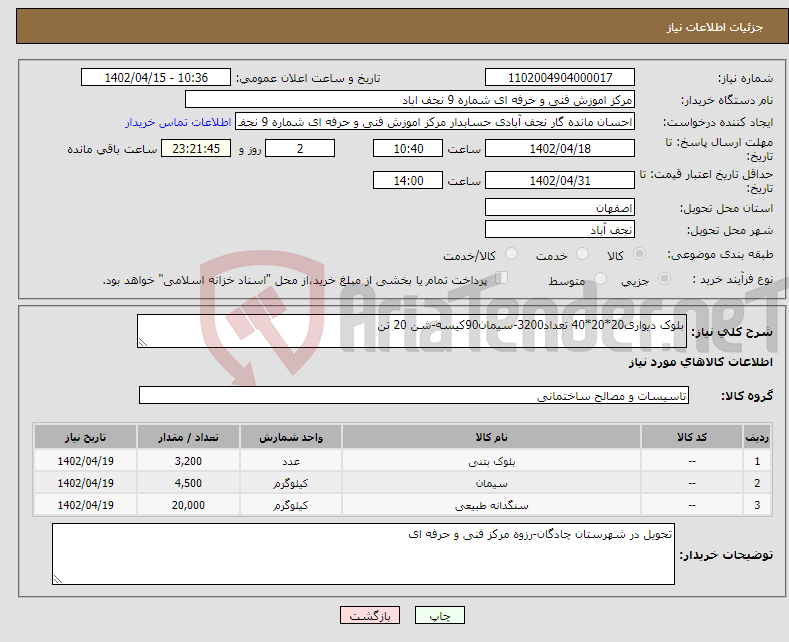 تصویر کوچک آگهی نیاز انتخاب تامین کننده-بلوک دیواری20*20*40 تعداد3200-سیمان90کیسه-شن 20 تن