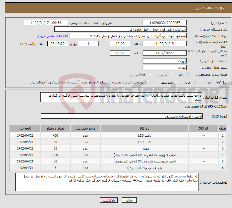 تصویر کوچک آگهی نیاز انتخاب تامین کننده-درخواست لامپ های مهتابی،آفتابی و کم مصرف مطابق با تعداد و مشخصات پیوست پیش فاکتور بارگذاری شود.