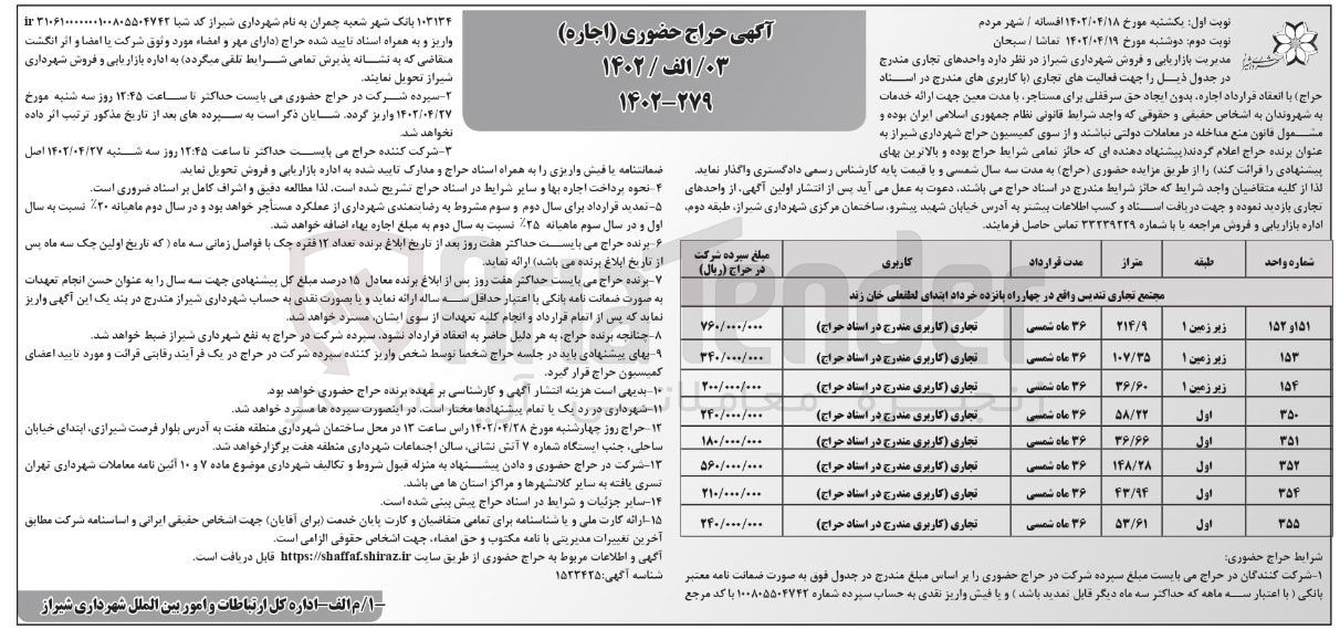 تصویر کوچک آگهی اجاره واحدهای تجاری مندرج در چدول در 8 ردیف با کاربری تجاری 