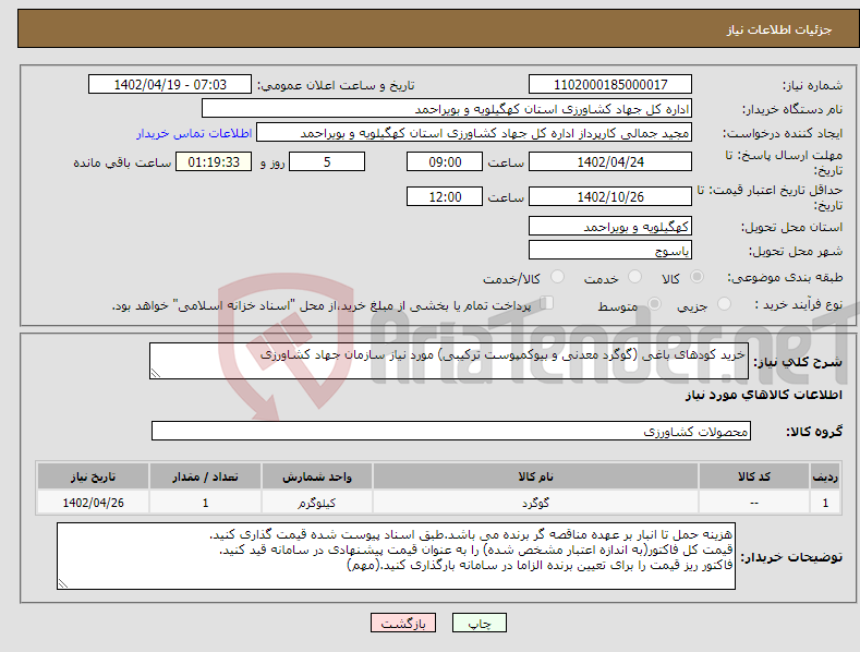 تصویر کوچک آگهی نیاز انتخاب تامین کننده-خرید کودهای باغی (گوگرد معدنی و بیوکمپوست ترکیبی) مورد نیاز سازمان جهاد کشاورزی