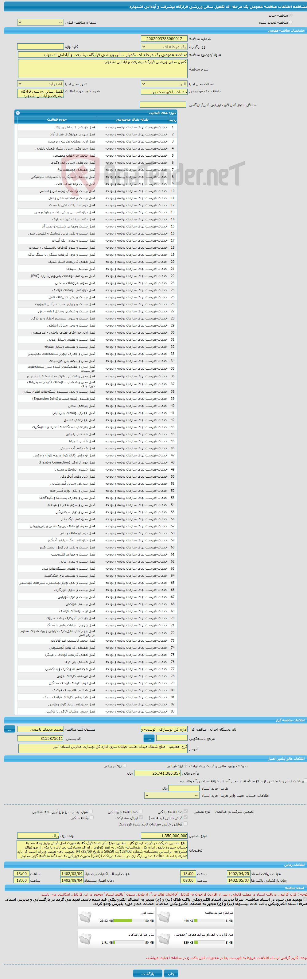 تصویر کوچک آگهی مناقصه عمومی یک مرحله ای تکمیل سالن ورزشی قرارگاه پیشرفت و آبادانی اشتهارد 