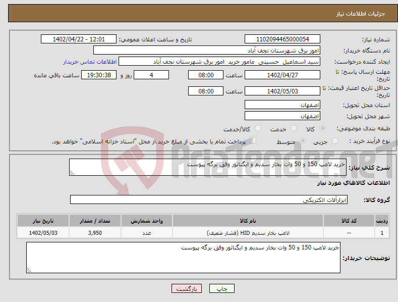 تصویر کوچک آگهی نیاز انتخاب تامین کننده-خرید لامپ 150 و 50 وات بخار سدیم و ایگناتور وفق برگه پیوست