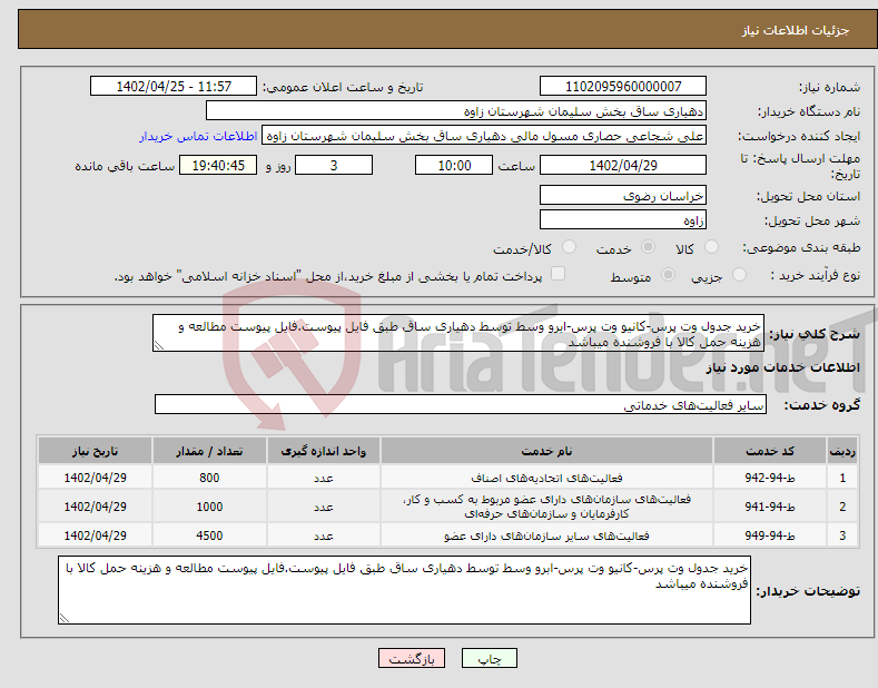 تصویر کوچک آگهی نیاز انتخاب تامین کننده-خرید جدول وت پرس-کانیو وت پرس-ابرو وسط توسط دهیاری ساق طبق فایل پیوست.فایل پیوست مطالعه و هزینه حمل کالا با فروشنده میباشد