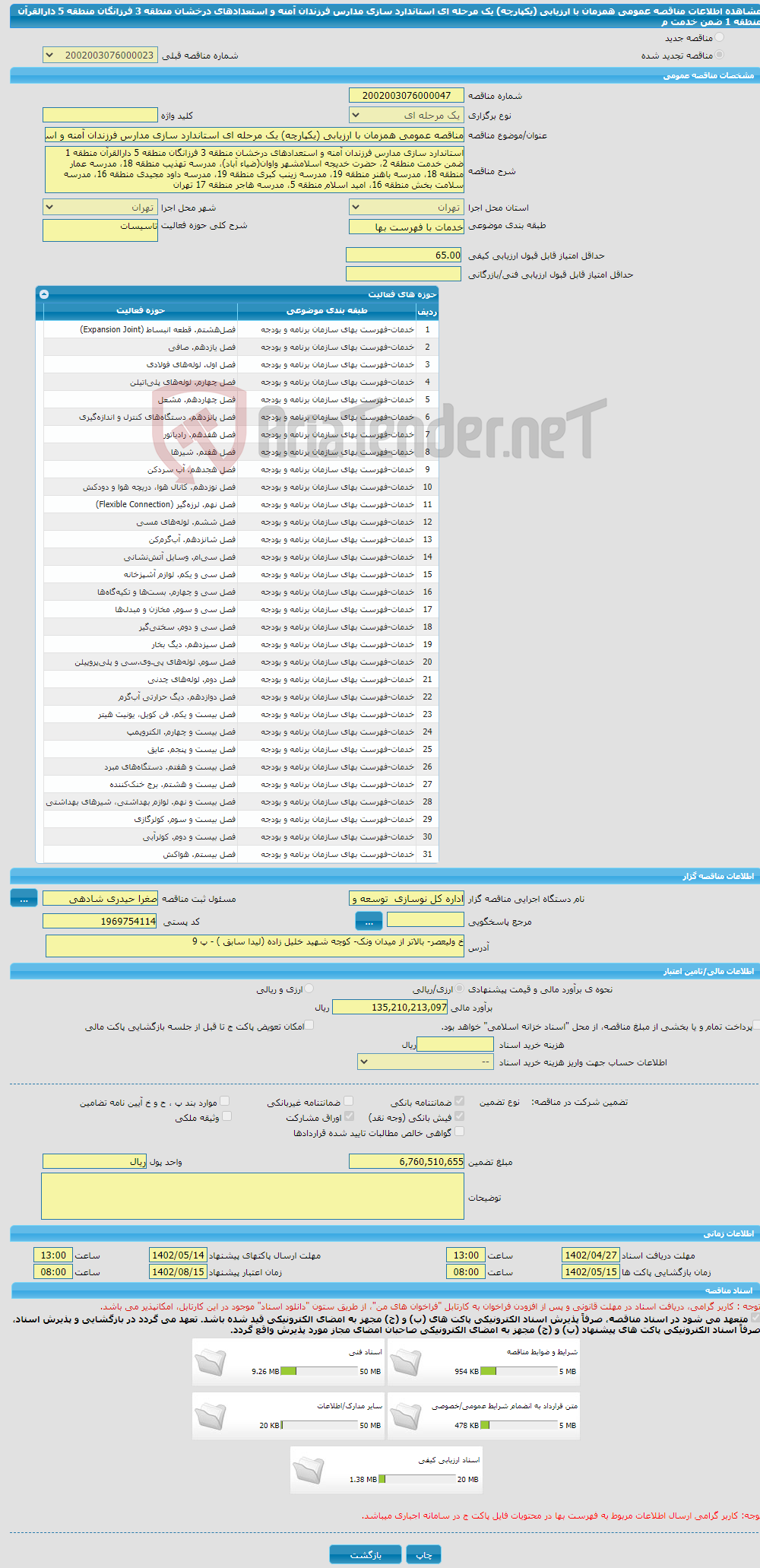 تصویر کوچک آگهی مناقصه عمومی همزمان با ارزیابی (یکپارچه) یک مرحله ای استاندارد سازی مدارس فرزندان آمنه و استعدادهای درخشان منطقه 3 فرزانگان منطقه 5 دارالقرآن منطقه 1 ضمن خدمت م