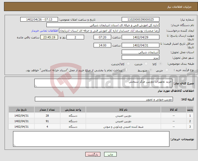 تصویر کوچک آگهی نیاز انتخاب تامین کننده-خرید تجهیزات دوربین مرکز سنجش