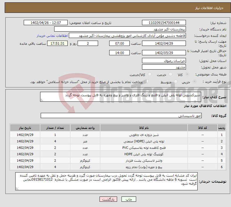 تصویر کوچک آگهی نیاز انتخاب تامین کننده-شیرکشویی لوله پلی اتیلن و فلنچ و رینگ فلزی و واشر و پیچ ومهره به فایل پیوست توجه گردد