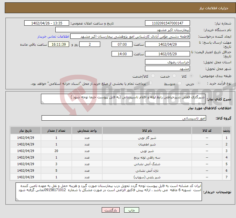 تصویر کوچک آگهی نیاز انتخاب تامین کننده-شیرگازی قفلی شیرحیاطی رابط لوله و اقلام تاسیساتی (به فایل پیوست حتما توجه شود )