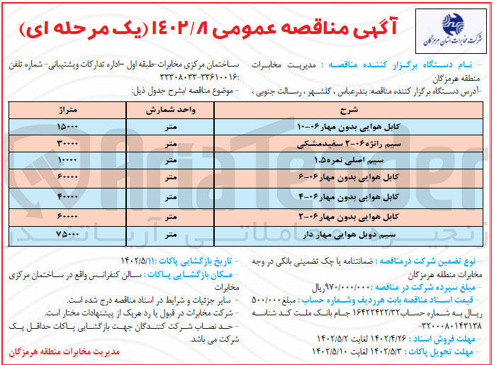 تصویر کوچک آگهی خریداری اقلام شامل:
کابل هوایی بدون مهار