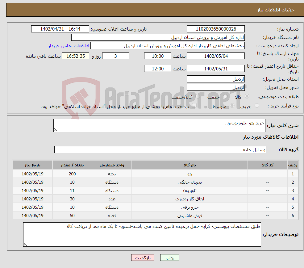 تصویر کوچک آگهی نیاز انتخاب تامین کننده-خرید پتو ،تلویزیون،و..