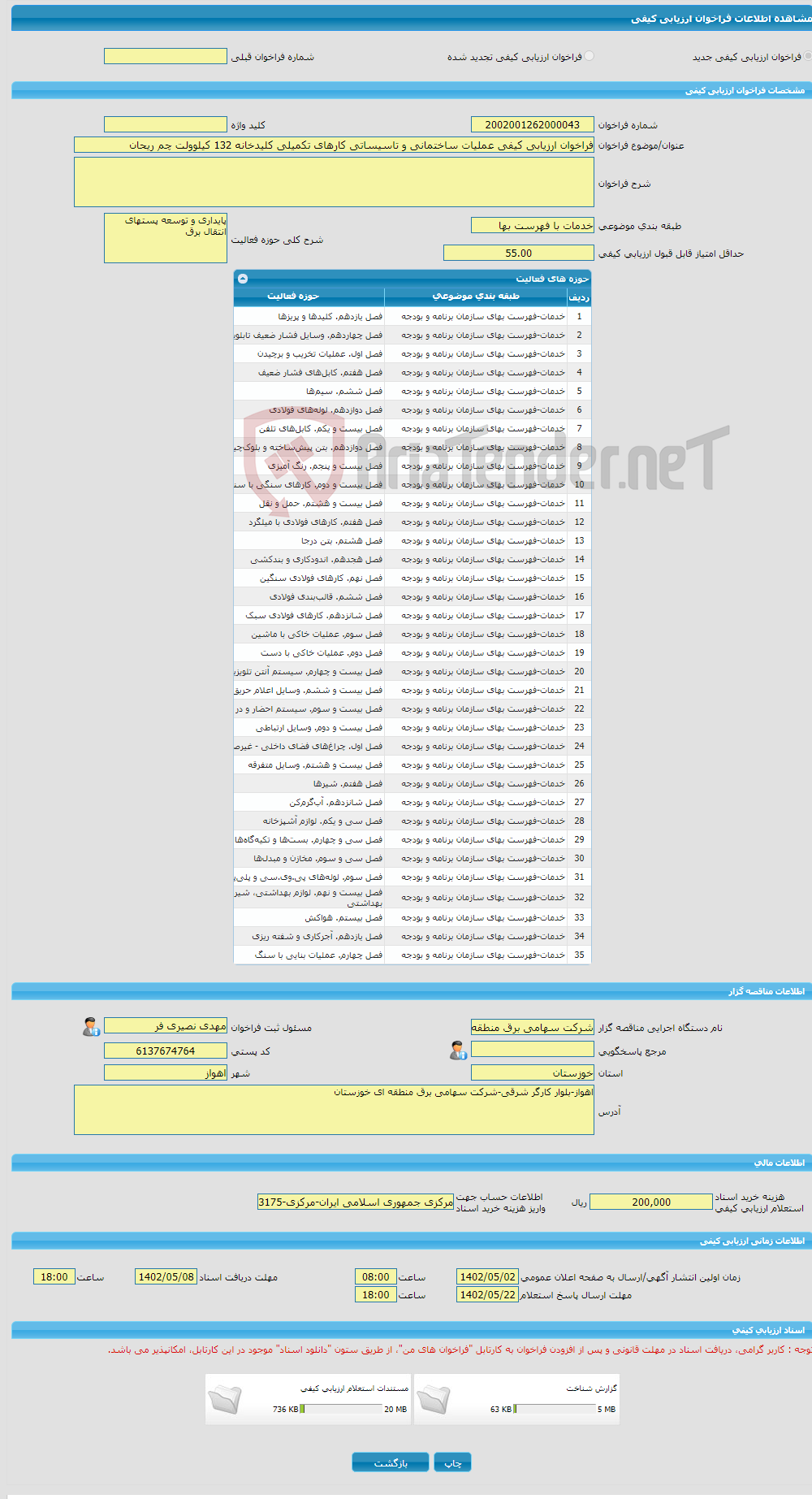 تصویر کوچک آگهی فراخوان ارزیابی کیفی عملیات ساختمانی و تاسیساتی کارهای تکمیلی کلیدخانه 132 کیلوولت چم ریحان