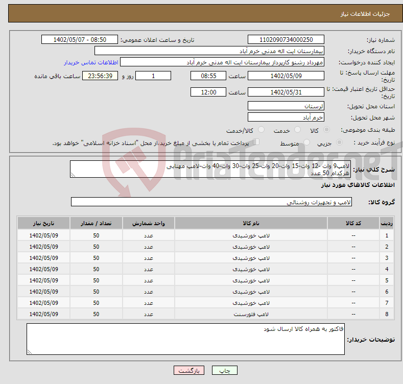 تصویر کوچک آگهی نیاز انتخاب تامین کننده-لامپ9 وات -12 وات-15 وات-20 وات-25 وات-30 وات-40 وات-لامپ مهتابی هرکدام 50 عدد بازپرداخت 8 ماهه هزینه حمل بار به عهده فروشنده