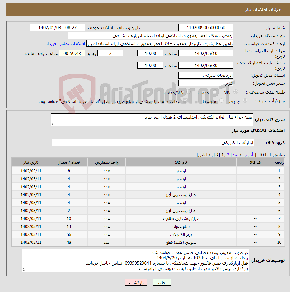 تصویر کوچک آگهی نیاز انتخاب تامین کننده-تهیه چراغ ها و لوازم الکتریکی امدادسرای 2 هلال احمر تبریز