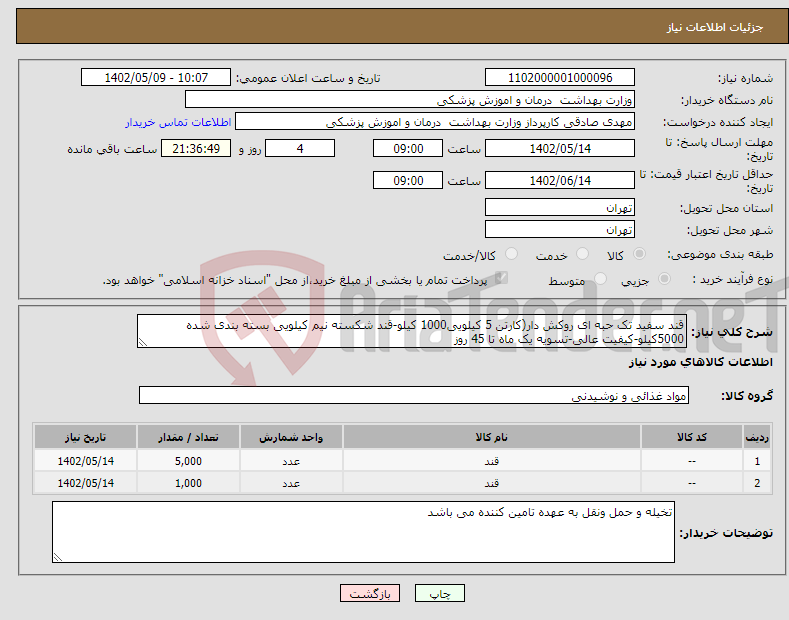 تصویر کوچک آگهی نیاز انتخاب تامین کننده-قند سفید تک حبه ای روکش دار(کارتن 5 کیلویی1000 کیلو-قند شکسته نیم کیلویی بسته بندی شده 5000کیلو-کیفیت عالی-تسویه یک ماه تا 45 روز