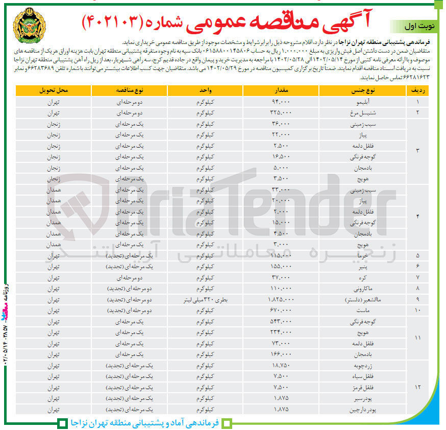 تصویر کوچک آگهی خریداری اقلام مشروحه ..