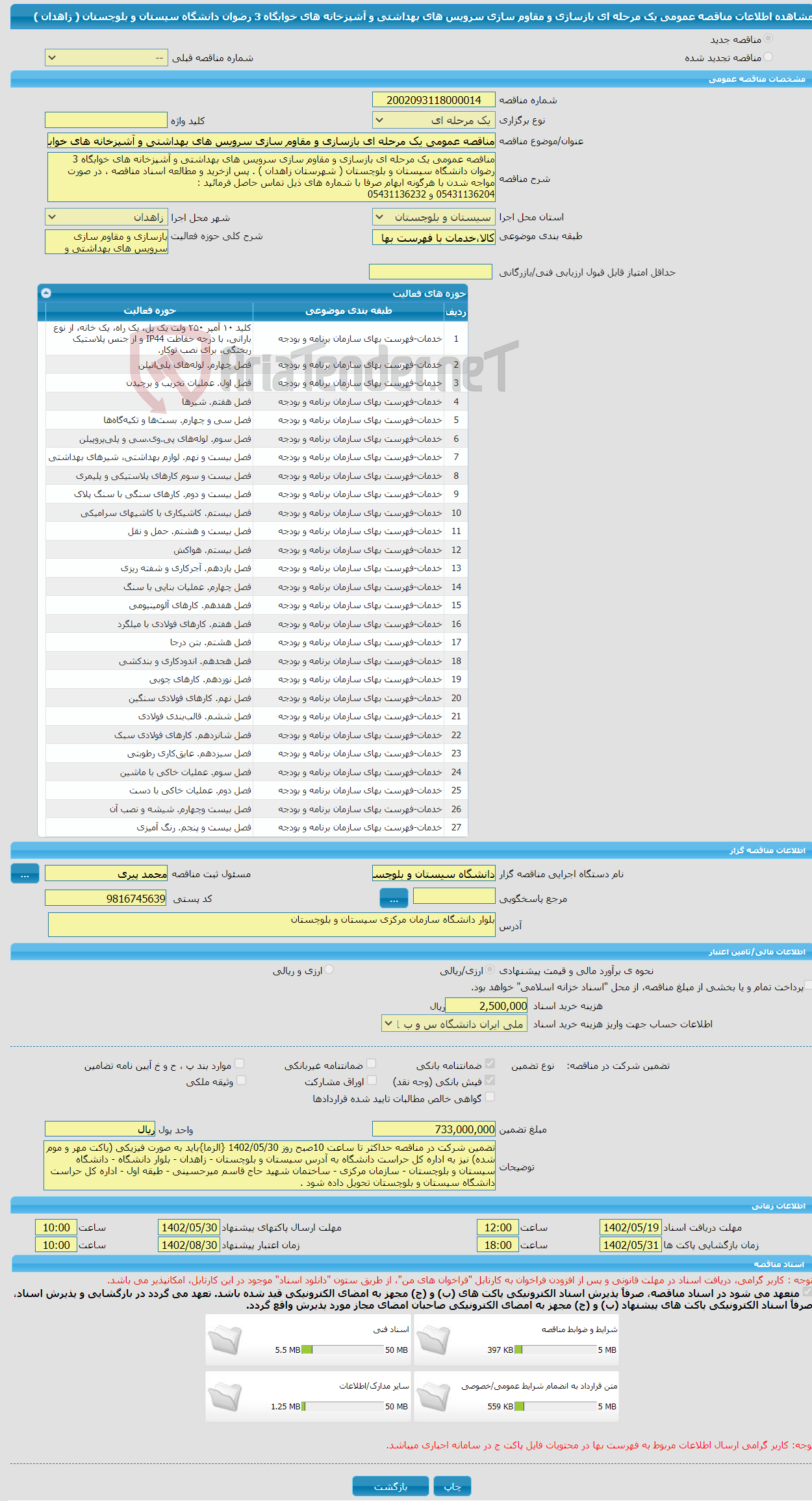 تصویر کوچک آگهی مناقصه عمومی یک مرحله ای بازسازی و مقاوم سازی سرویس های بهداشتی و آشپزخانه های خوابگاه 3 رضوان دانشگاه سیستان و بلوچستان ( زاهدان )