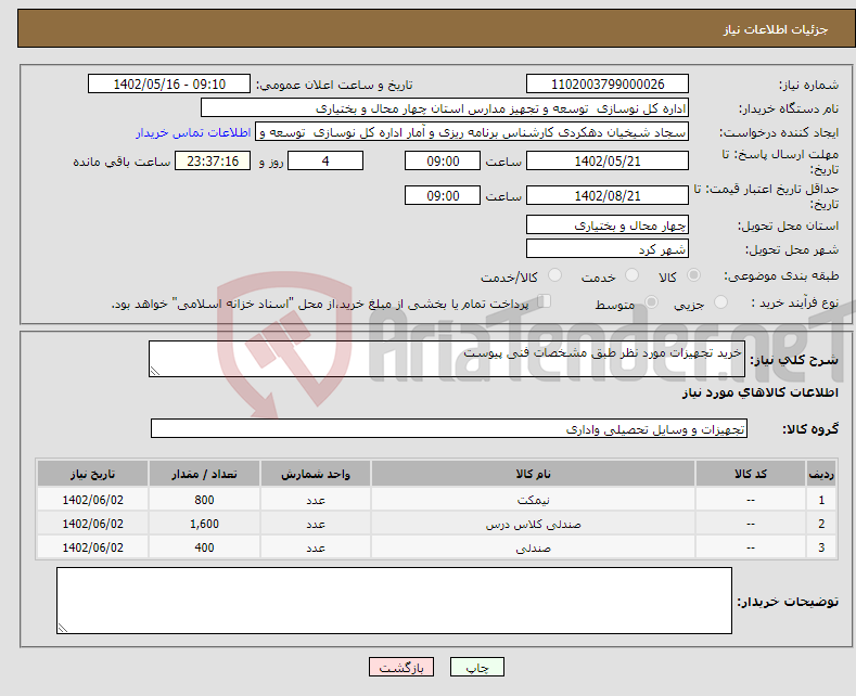 تصویر کوچک آگهی نیاز انتخاب تامین کننده-خرید تجهیزات مورد نظر طبق مشخصات فنی پیوست