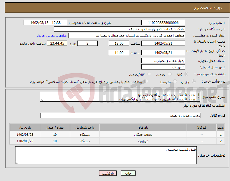 تصویر کوچک آگهی نیاز انتخاب تامین کننده-1- تعداد 10عدد یخچال هتلی 6فوت ایسکول 2- تعداد 10دستگاه تلویزیون هوشمند 32اینچ ایکس ویژن 