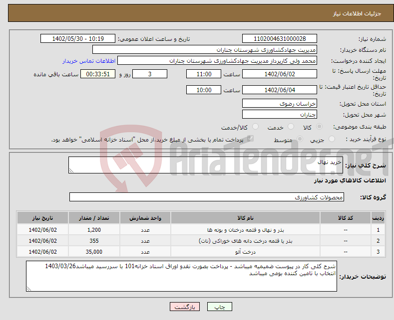 تصویر کوچک آگهی نیاز انتخاب تامین کننده-خرید نهال 