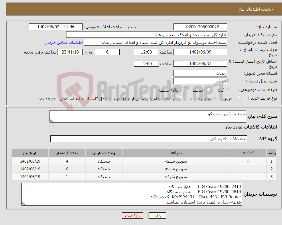 تصویر کوچک آگهی نیاز انتخاب تامین کننده-خرید سوئیچ سیسکو