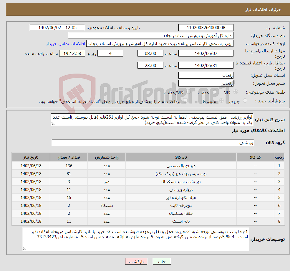 تصویر کوچک آگهی نیاز انتخاب تامین کننده-لوازم ورزشی طبق لیست پیوستی لطفا به لیست توجه شود جمع کل لوازم 261قلم (فایل پیوستی)است عدد یک به عنوان واحد کلی در نظر گرفته شده است(پکیچ خرید)