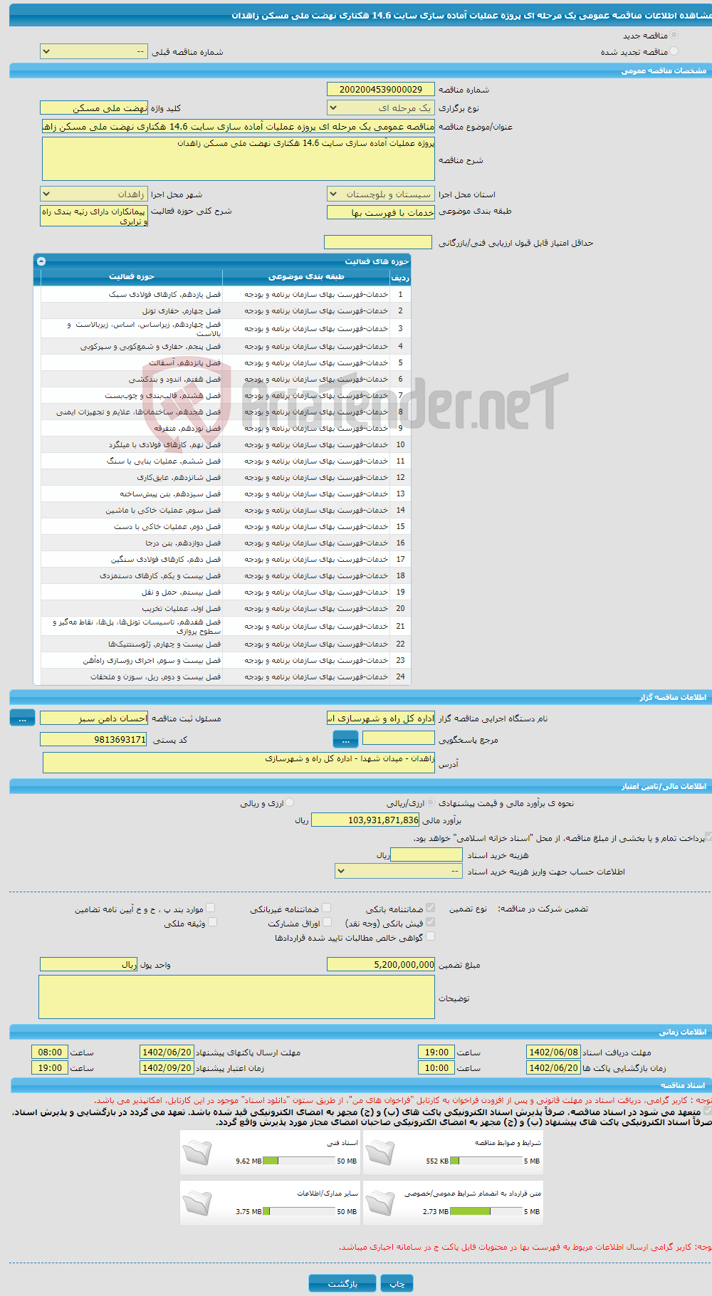 تصویر کوچک آگهی مناقصه عمومی یک مرحله ای پروژه عملیات آماده سازی سایت 14.6 هکتاری نهضت ملی مسکن زاهدان