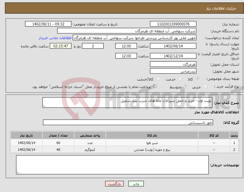 تصویر کوچک آگهی نیاز انتخاب تامین کننده-نوبت اول - خرید و حمل شیرآلات چاه های شرب سد شمیل